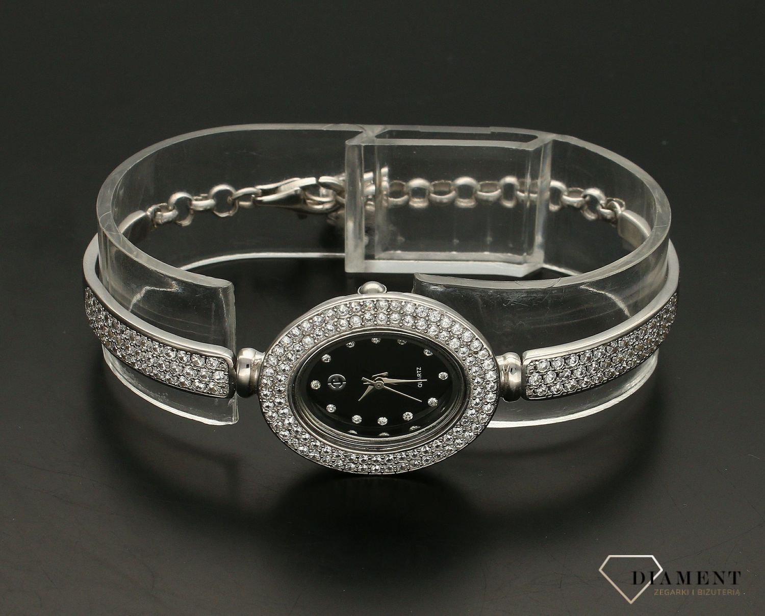 Zegarek damski srebrny z czarną tarczą i cyrkoniami 925 'Czarny Owal' (6).jpg